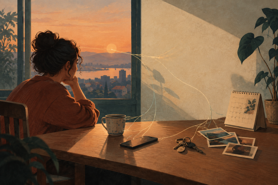 Ilustração de pessoa sentada à mesa diante da janela ao entardecer, com fios delicados ligando telefone, chaves, calendário e fotografias.
