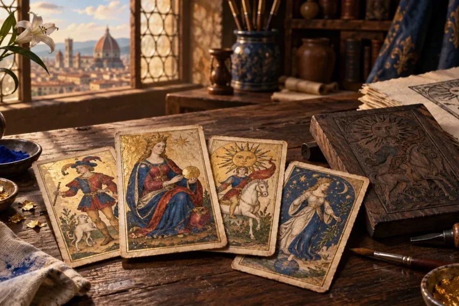 Cartas alegóricas ilustradas, pigmentos e matriz de impressão em uma oficina inspirada no Renascimento.