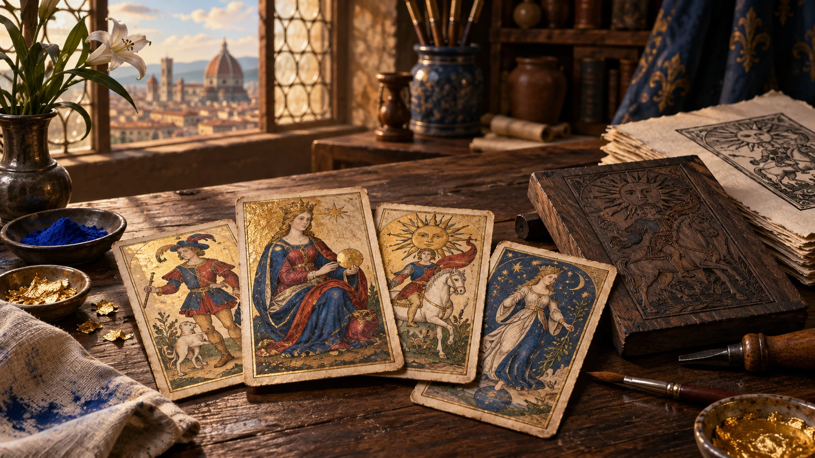 Cartas alegóricas ilustradas, pigmentos e matriz de impressão em uma oficina inspirada no Renascimento.