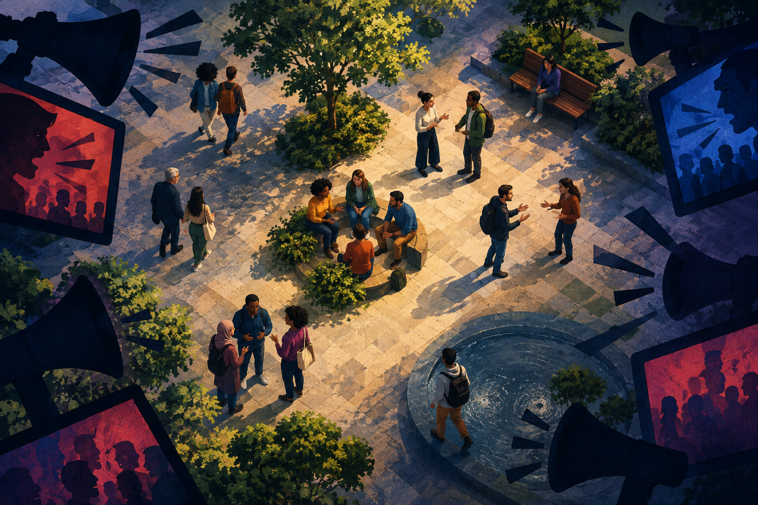 Ilustração vista de cima de pessoas conversando em uma praça, cercada por megafones e telas em sombra.