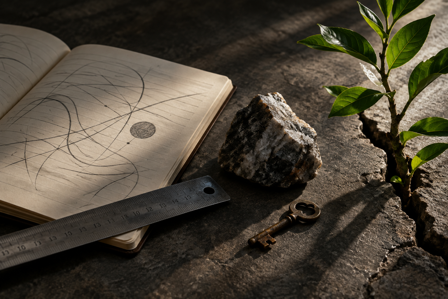Caderno aberto com traços abstratos, régua metálica, pedra bruta, chave antiga e ramo verde que cresce por uma fenda no chão.