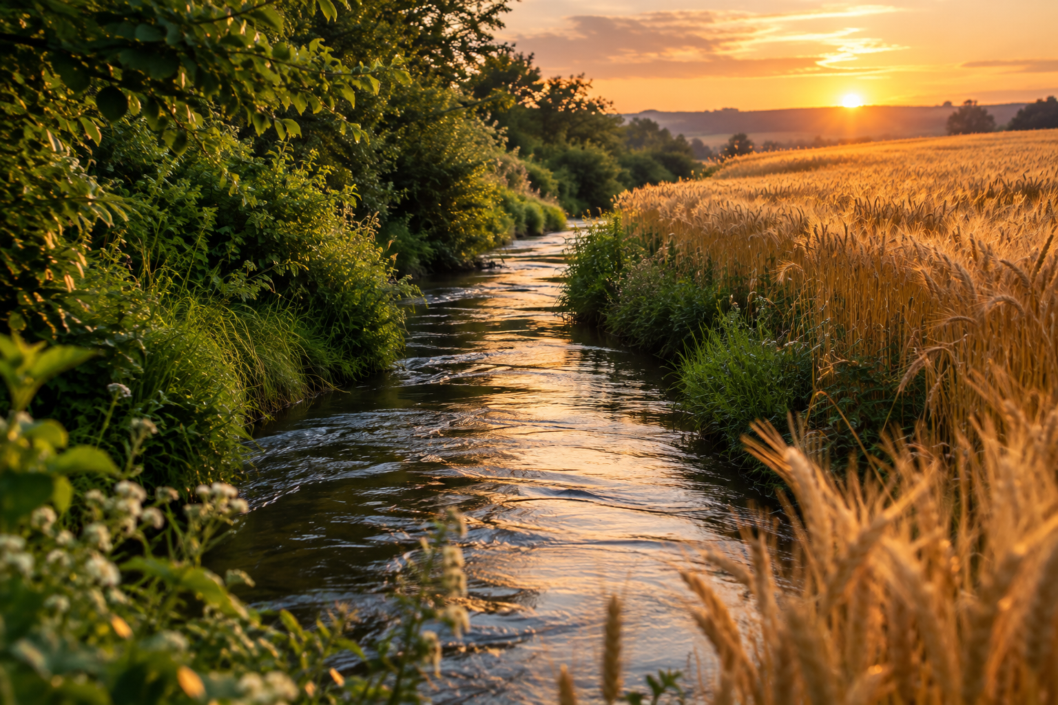 Rio estreito entre vegetação densa e campo de trigo dourado ao pôr do sol.