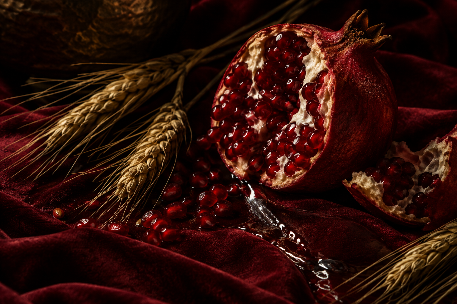 Romã aberta com sementes vermelhas, espigas de trigo e água sobre tecido vinho.