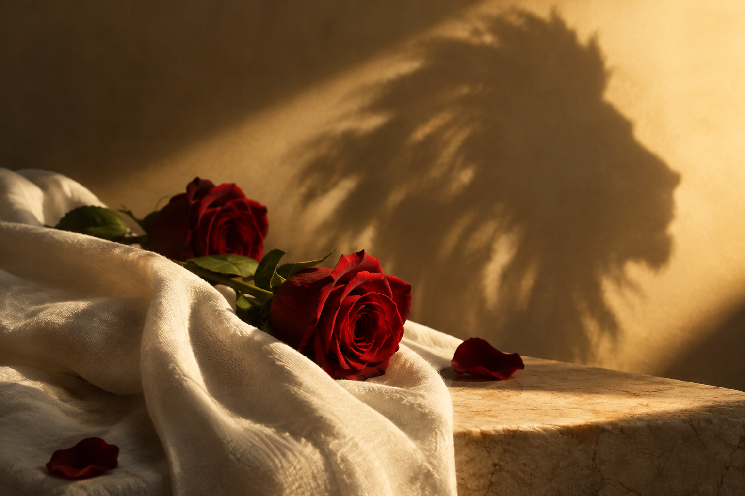 Duas rosas vermelhas sobre tecido branco, iluminadas por luz dourada, com sombra que forma o perfil de um leão na parede.