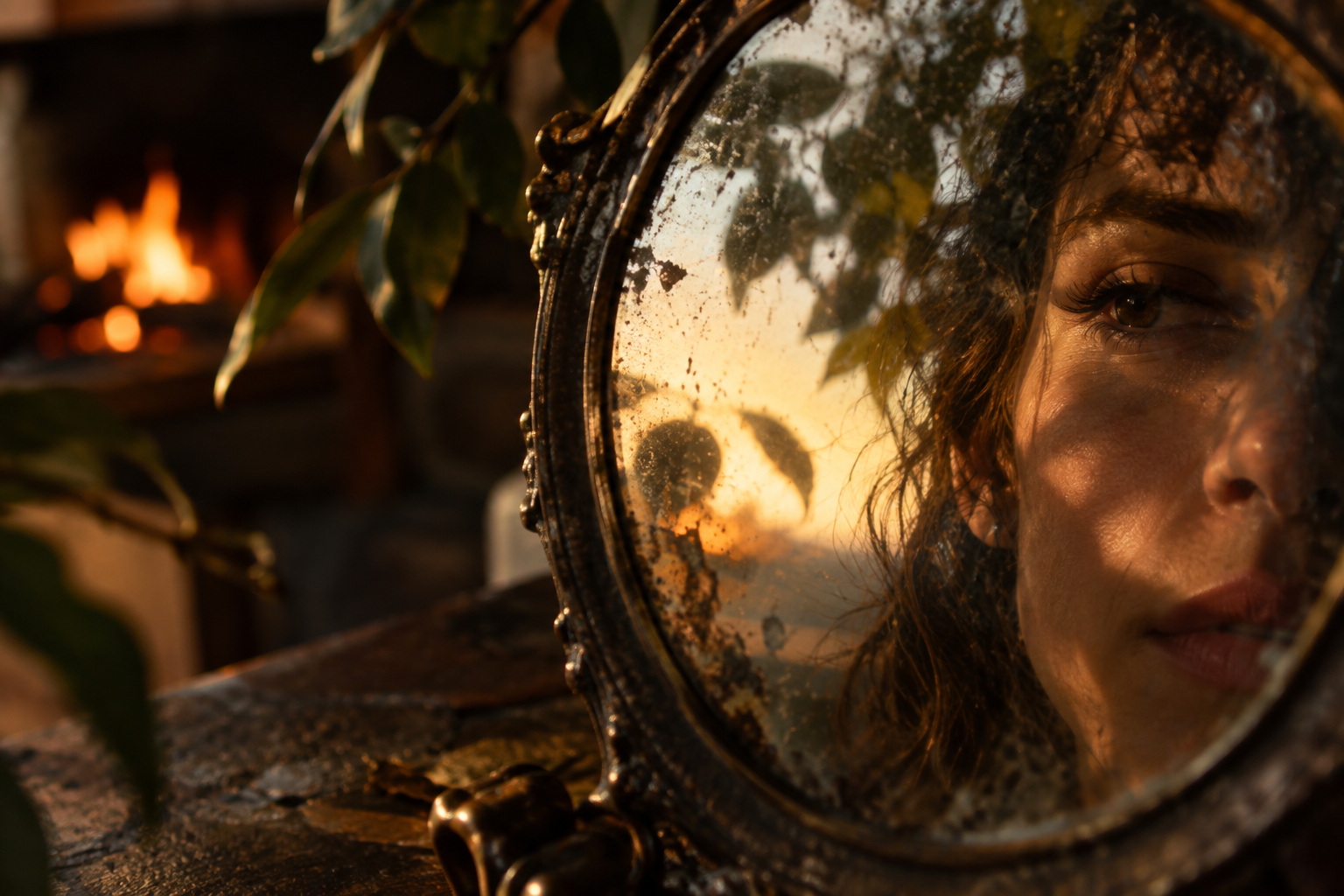 Rosto de uma mulher parcialmente refletido em espelho antigo, com folhas e fogo desfocados ao fundo.