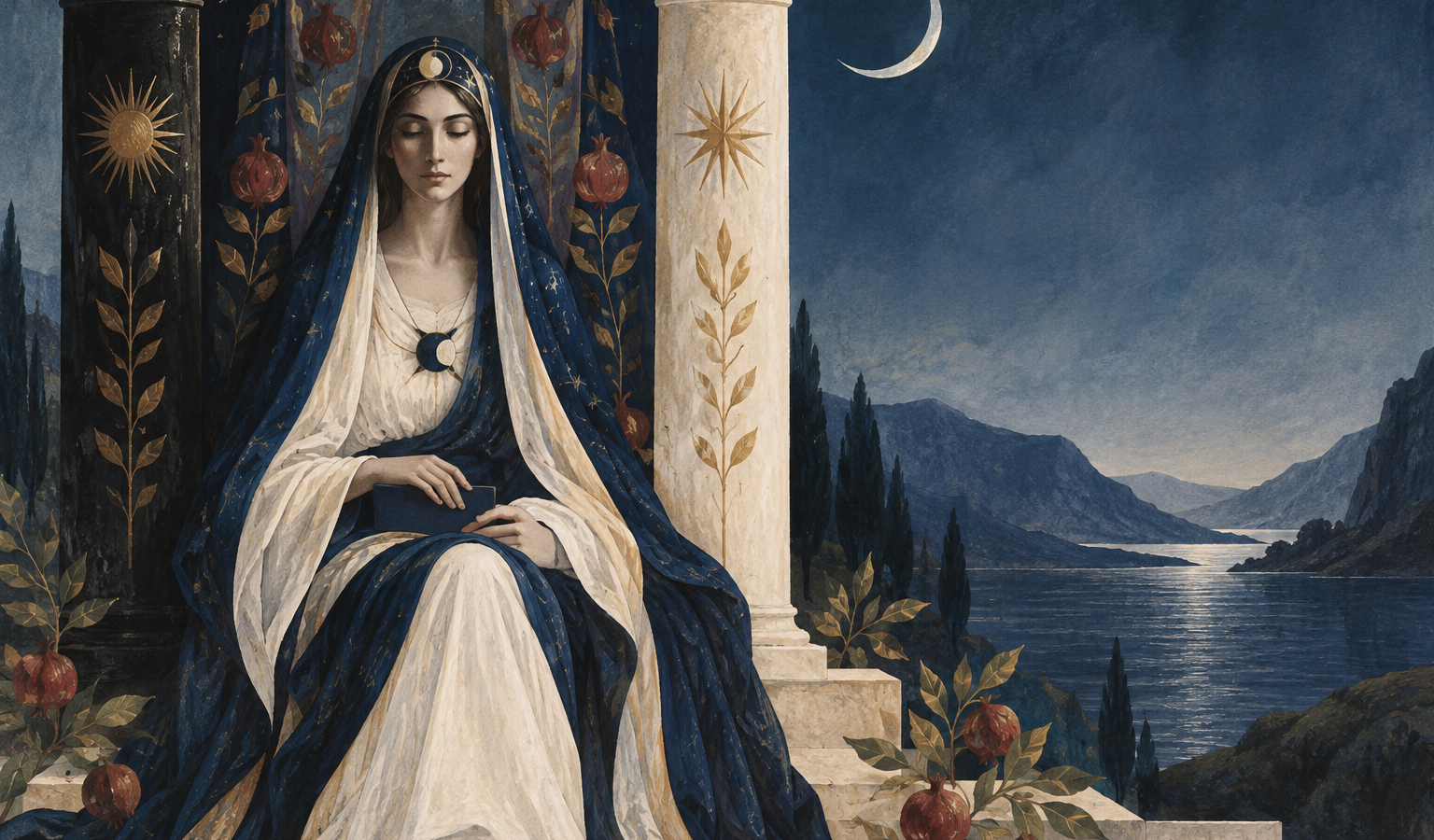 Ilustração de mulher de olhos fechados, vestida de azul e branco, sentada entre colunas escura e clara, com romãs, lua crescente e paisagem de água ao fundo.