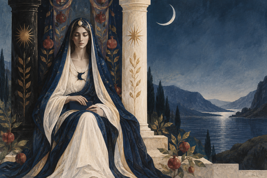 Ilustração de mulher de olhos fechados, vestida de azul e branco, sentada entre colunas escura e clara, com romãs, lua crescente e paisagem de água ao fundo.