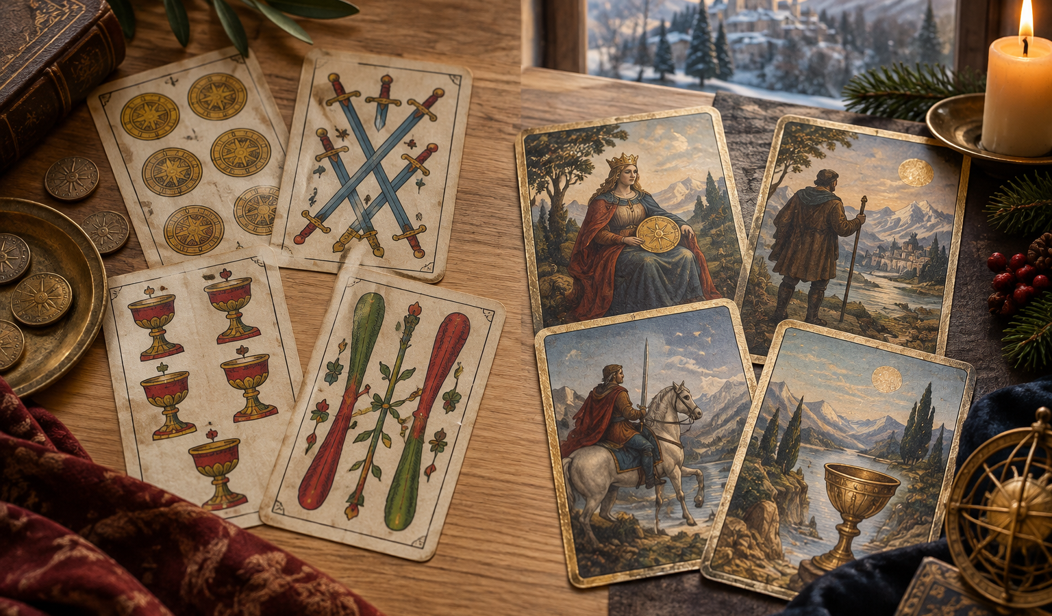 Ilustração editorial de cartas fictícias sobre uma mesa: à esquerda, símbolos organizados; à direita, figuras em paisagens montanhosas.