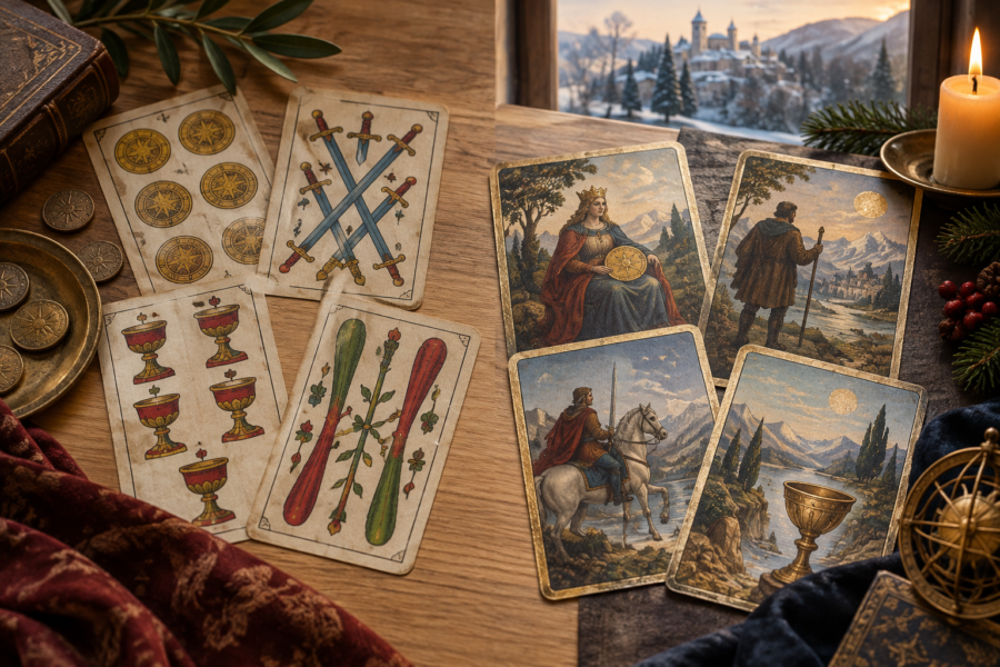 Ilustração editorial de cartas fictícias sobre uma mesa: à esquerda, símbolos organizados; à direita, figuras em paisagens montanhosas.