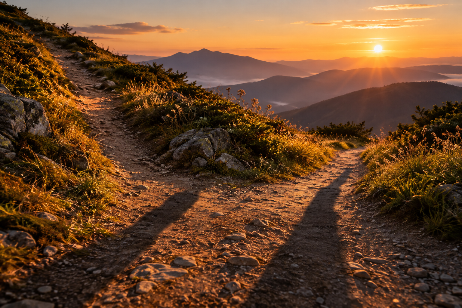 Trilha de montanha se dividindo ao amanhecer, com duas sombras longas projetadas sobre o chão e serras ao fundo.