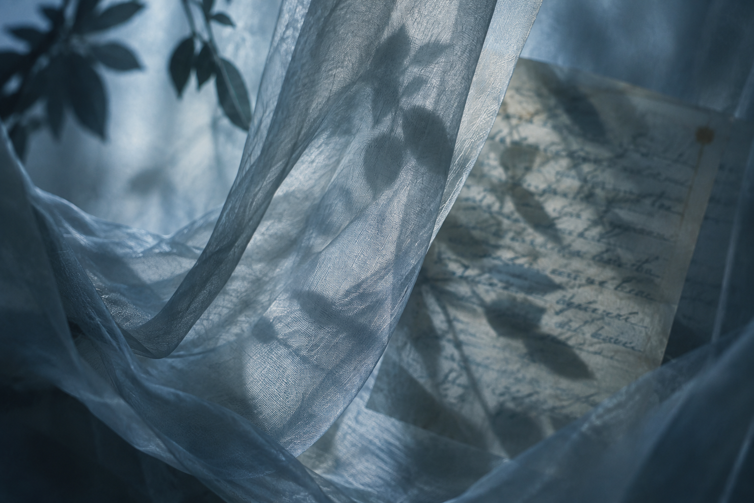 Véu translúcido azul diante de uma página com escrita manuscrita, atravessado por sombras de folhas.
