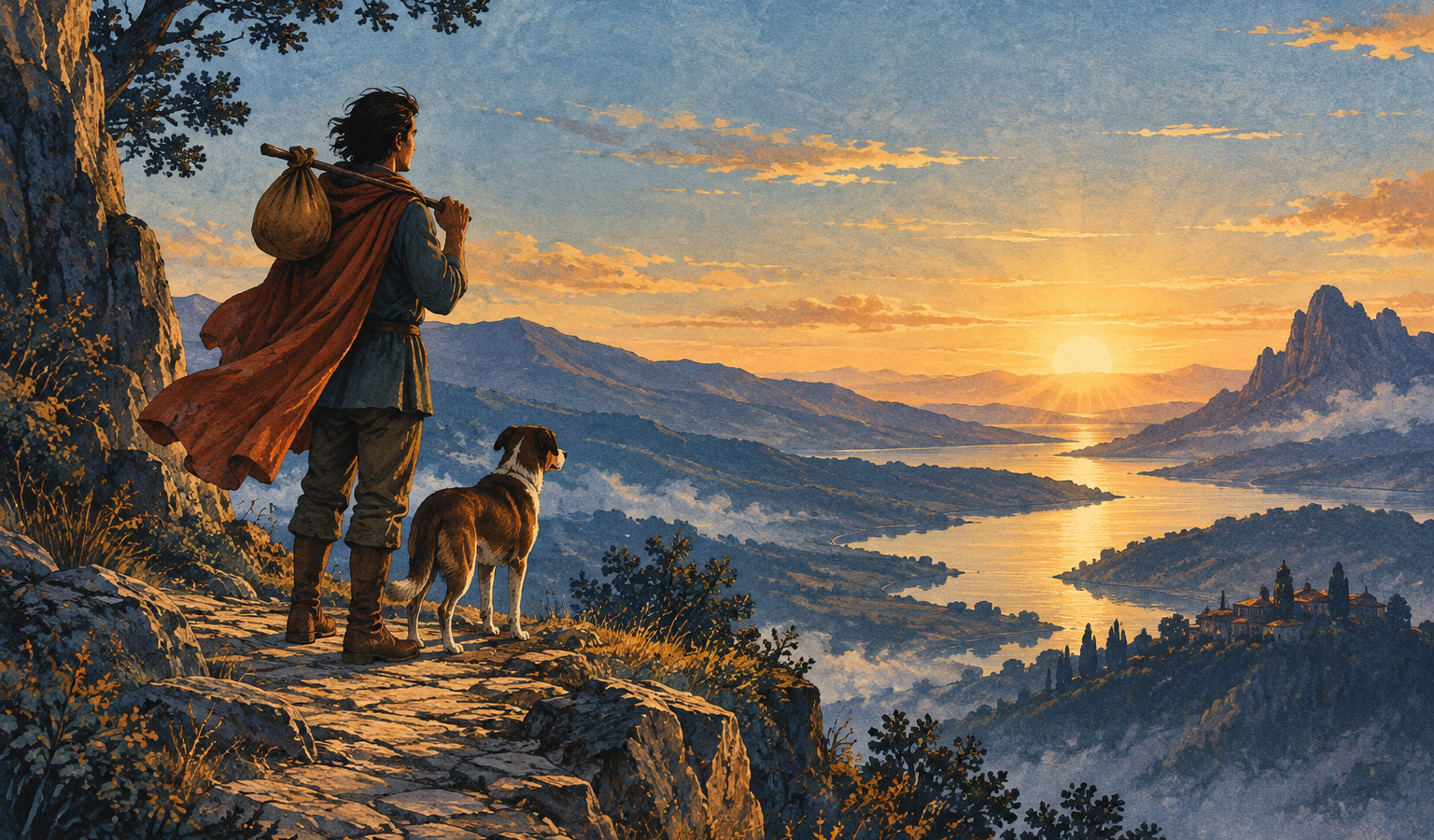Ilustração de viajante com trouxa e cão diante de um vale montanhoso iluminado pelo nascer do sol.