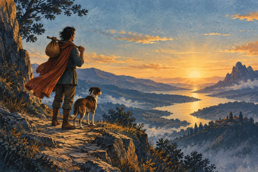 Ilustração de viajante com trouxa e cão diante de um vale montanhoso iluminado pelo nascer do sol.