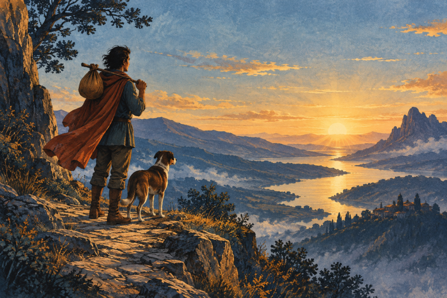 Ilustração de viajante com trouxa e cão diante de um vale montanhoso iluminado pelo nascer do sol.