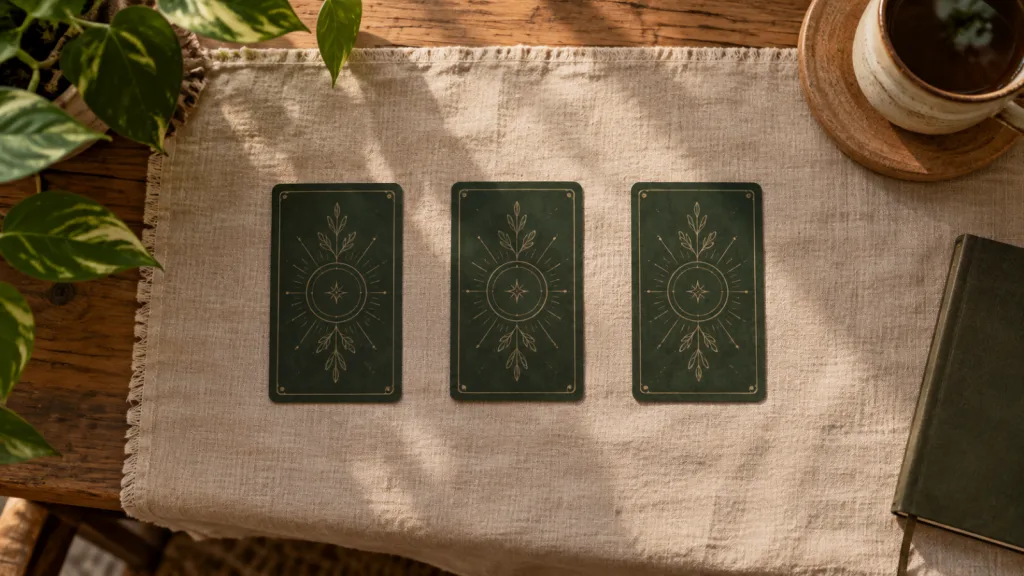 Três cartas de Tarot viradas para baixo, alinhadas sobre um tecido de linho.