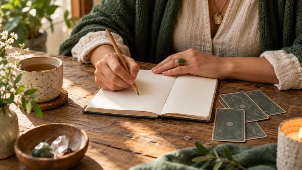 Mãos de uma pessoa com um lápis sobre um caderno aberto e cartas viradas para baixo ao lado.
