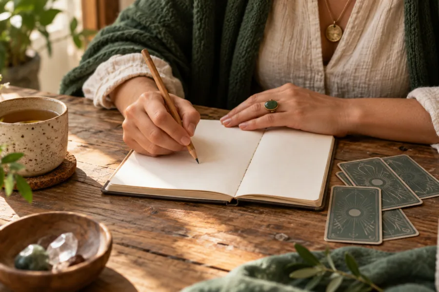 Mãos de uma pessoa com um lápis sobre um caderno aberto e cartas viradas para baixo ao lado.
