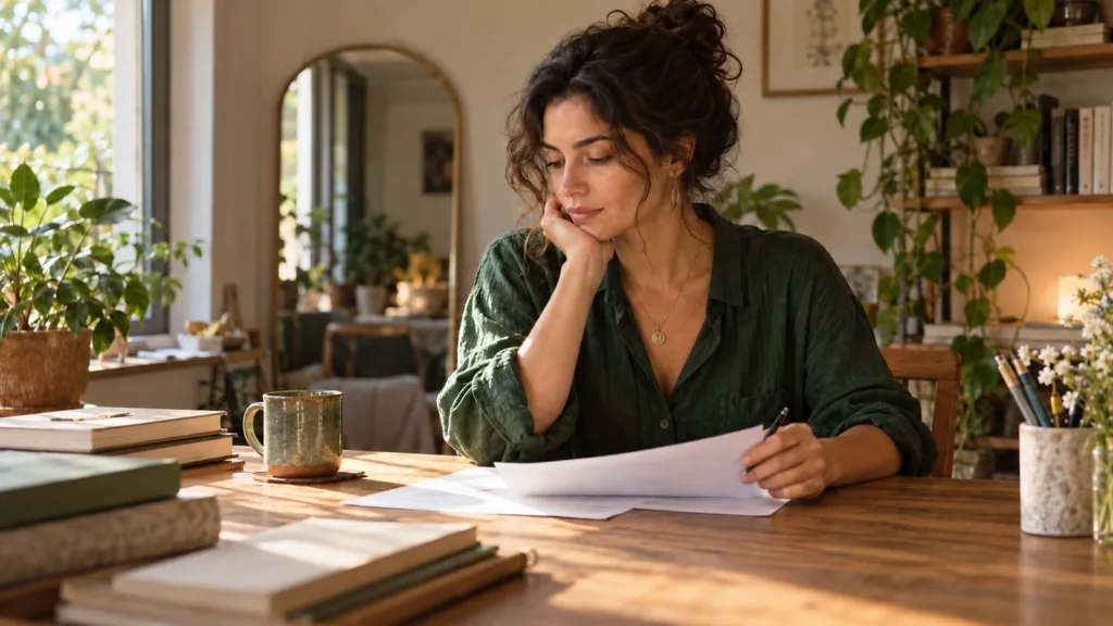 Mulher pensativa diante de um texto em revisão, sentada à mesa de um ambiente iluminado por uma janela.