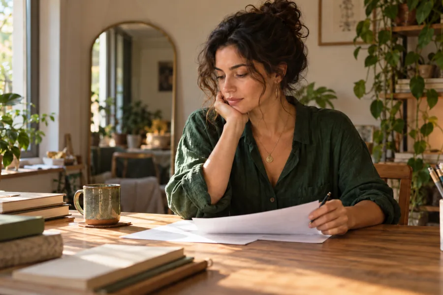 Mulher pensativa diante de um texto em revisão, sentada à mesa de um ambiente iluminado por uma janela.