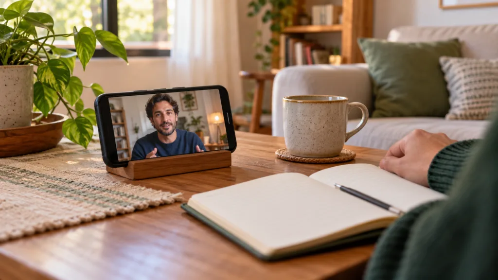 Celular apoiado em uma mesa exibe um apresentador; ao lado, caderno, caneca e a mão de quem acompanha o vídeo.
