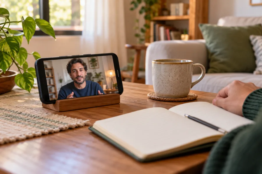 Celular apoiado em uma mesa exibe um apresentador; ao lado, caderno, caneca e a mão de quem acompanha o vídeo.