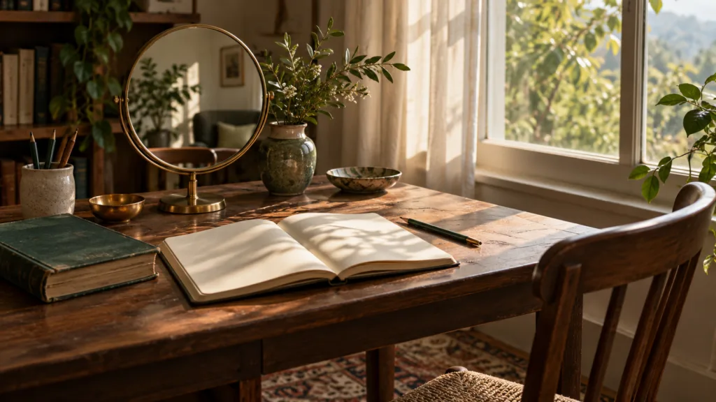 Mesa de leitura com caderno aberto, livros e espelho redondo perto de uma janela.