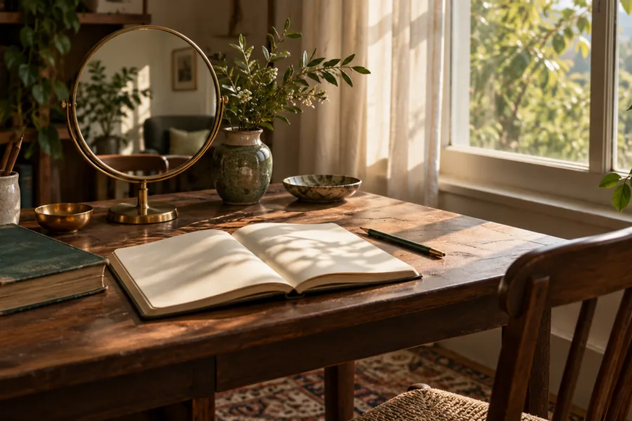 Mesa de leitura com caderno aberto, livros e espelho redondo perto de uma janela.