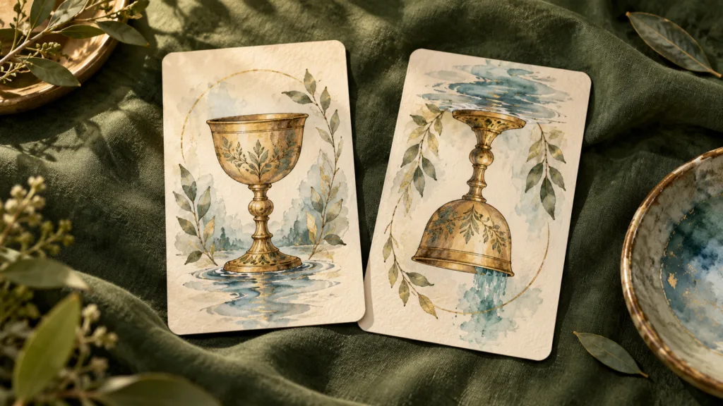 Duas cartas ilustradas com taças douradas, uma na posição normal e outra invertida, sobre tecido verde.