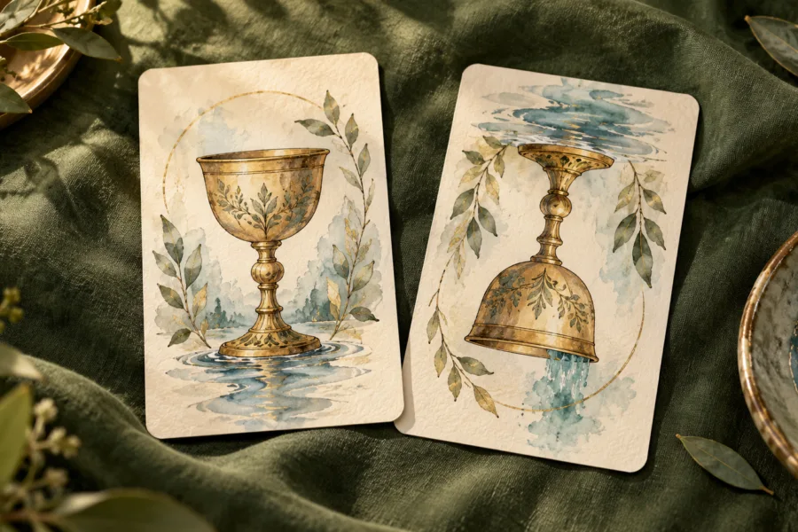 Duas cartas ilustradas com taças douradas, uma na posição normal e outra invertida, sobre tecido verde.