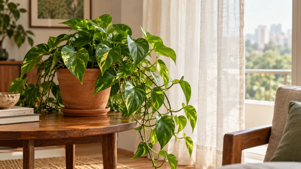 Jiboia de folhas verdes e douradas em vaso de barro perto de uma janela com cortina clara.
