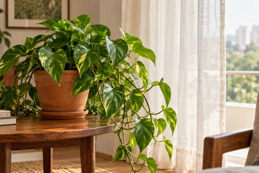 Jiboia de folhas verdes e douradas em vaso de barro perto de uma janela com cortina clara.