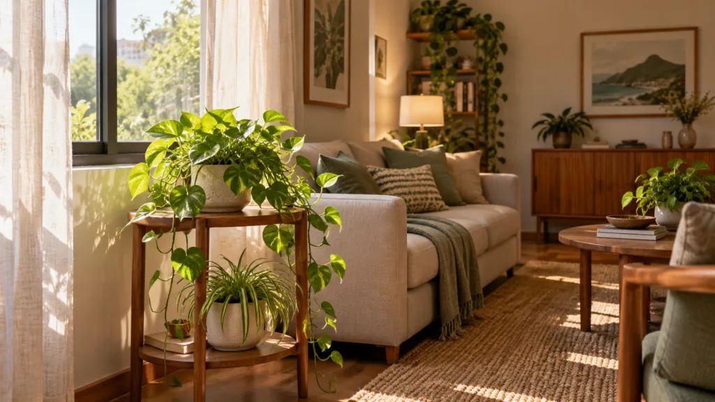 Sala com janela lateral, jiboia e clorofito em vasos, mostrando posições diferentes no ambiente.