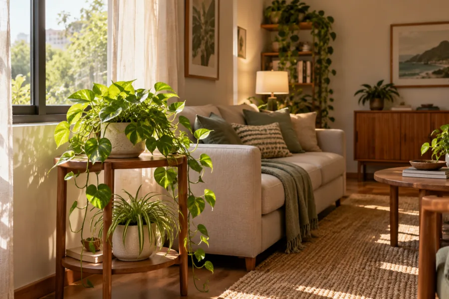 Sala com janela lateral, jiboia e clorofito em vasos, mostrando posições diferentes no ambiente.