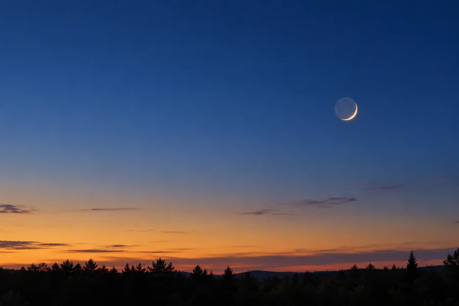 Lua em crescente sobre a silhueta de árvores, em um céu azul de fim de tarde.