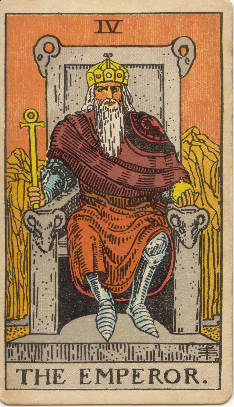 O Imperador no tarot Rider-Waite-Smith: figura coroada com cetro e orbe, sentada em trono adornado com carneiros.