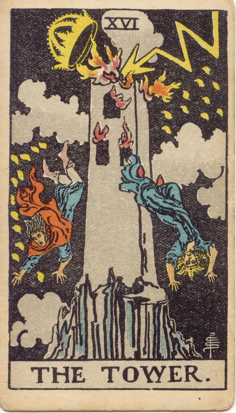 Carta A Torre, de 1909: um raio atinge a torre, desloca a coroa e duas figuras caem junto às chamas.