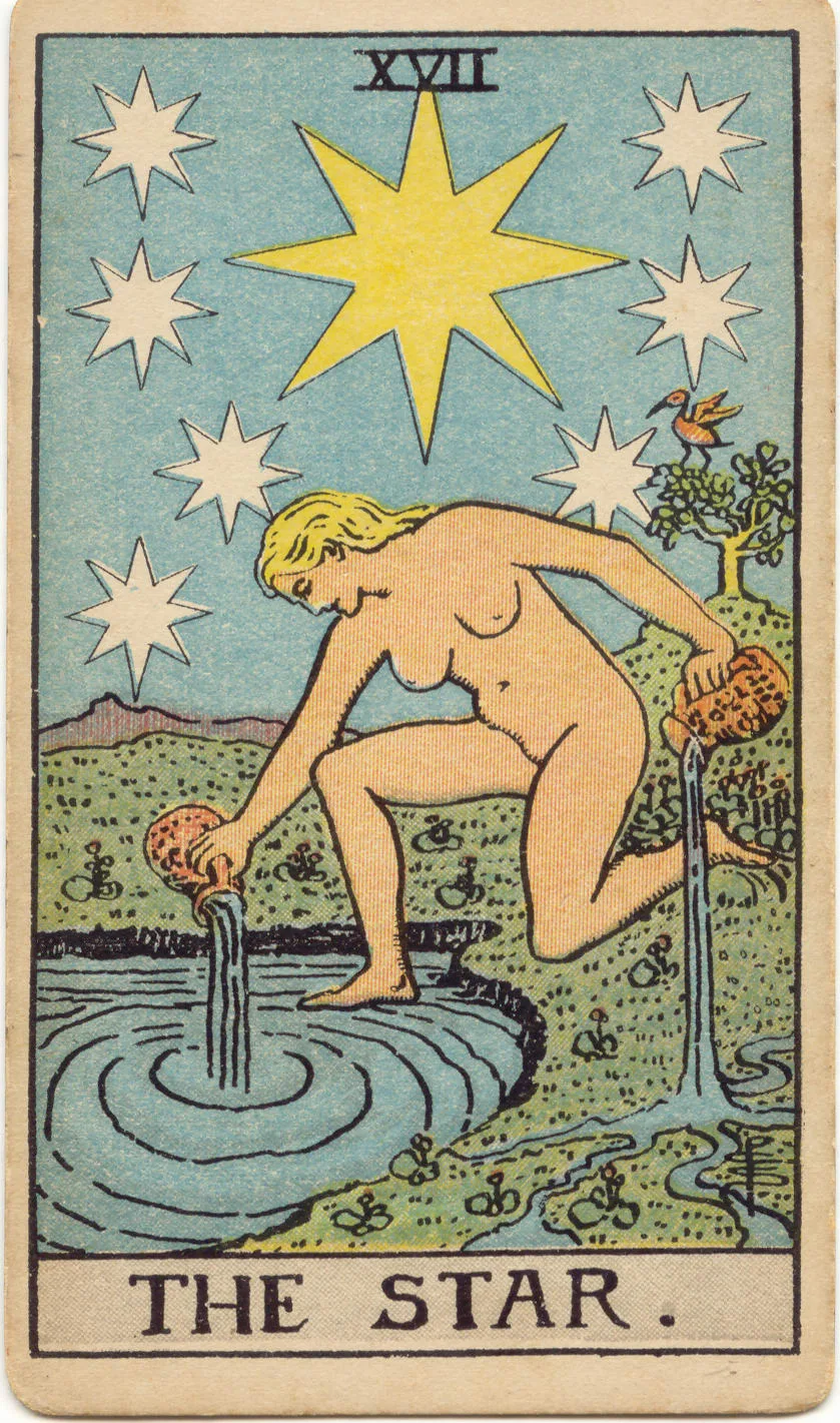 Carta A Estrela, de 1909: mulher ajoelhada derrama água de dois recipientes junto a um lago, sob um céu estrelado.