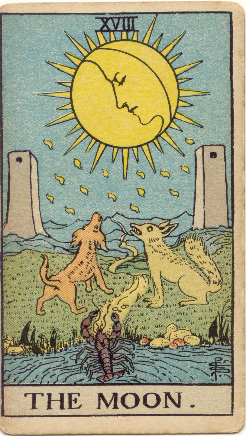 Carta A Lua, de 1909: dois animais voltados para a lua, um crustáceo na água e um caminho entre duas torres.
