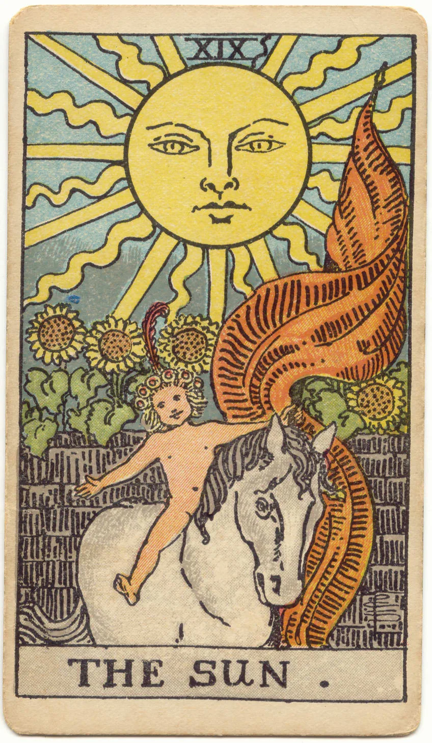 Carta O Sol, de 1909: criança de braços abertos sobre um cavalo branco, com bandeira vermelha, girassóis e um grande sol.