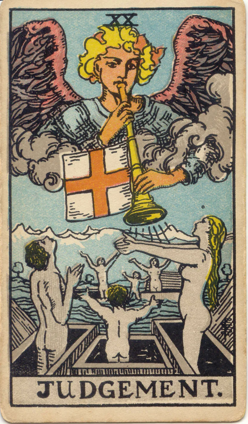 Carta O Julgamento, de 1909: anjo toca uma trombeta acima de figuras que se levantam de caixões com os braços abertos.