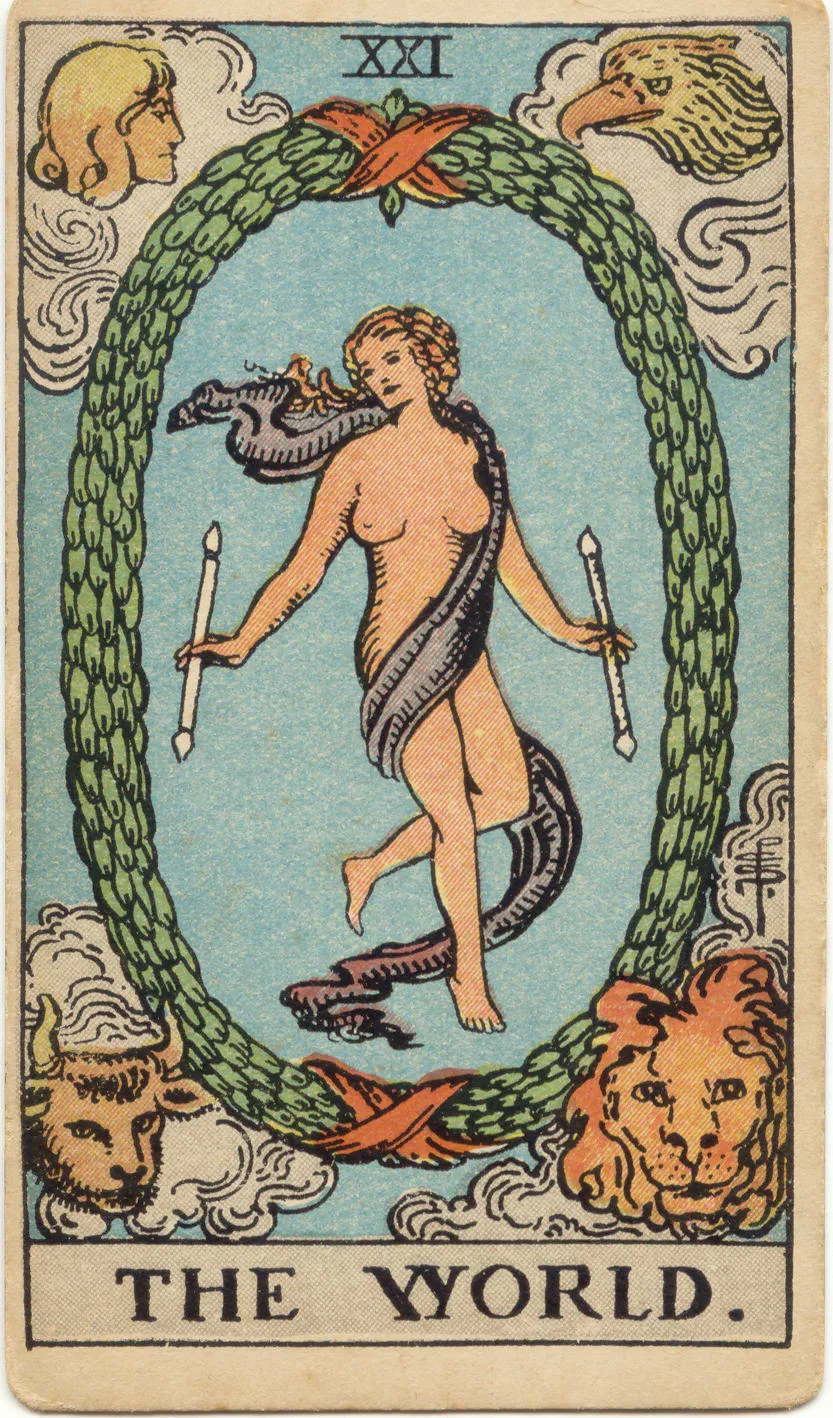 Carta O Mundo, de 1909: figura com dois bastões dentro de uma guirlanda, cercada por quatro figuras entre nuvens.