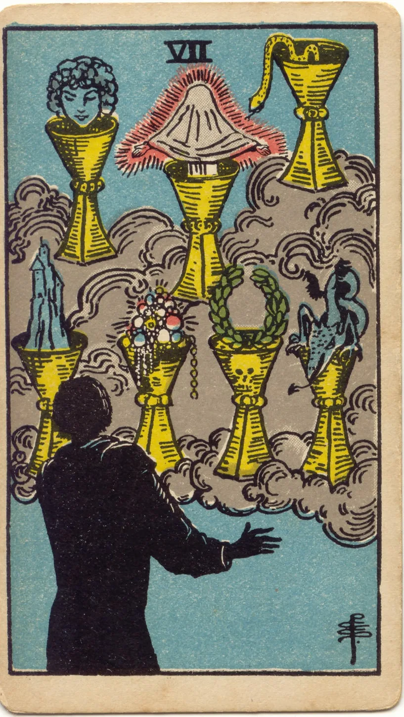 Figura de costas observa sete taças nas nuvens, com uma cabeça, figura velada, serpente, torre, joias, louros e dragão.