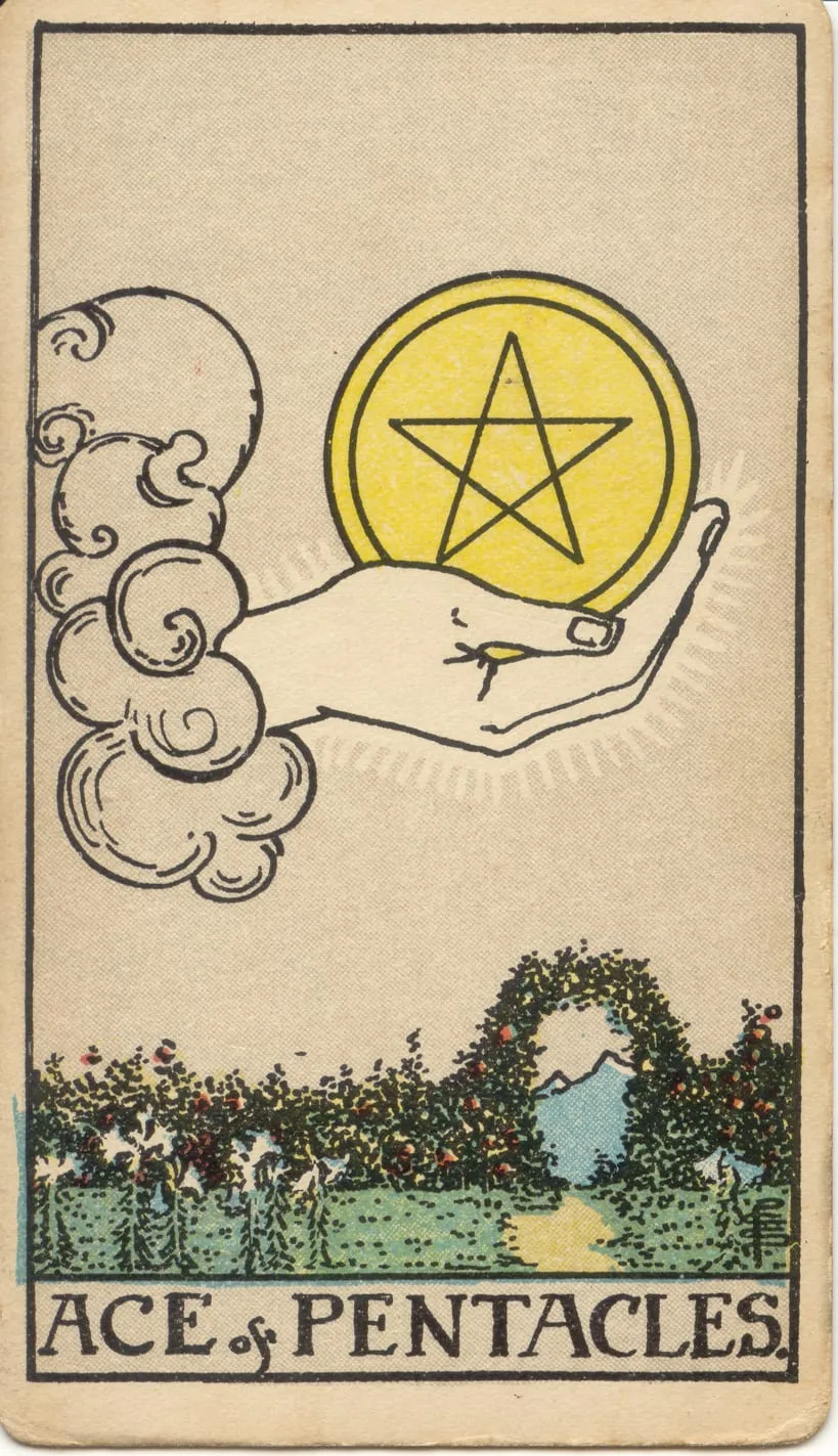 Mão saindo de nuvem à esquerda oferece um disco com estrela de cinco pontas, sobre um jardim com caminho e arco florido à direita.