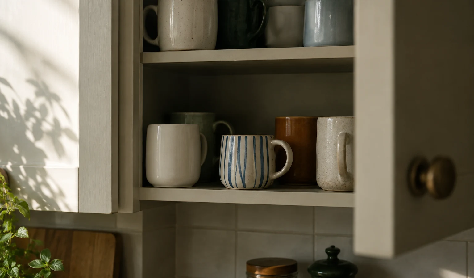 Armário de cozinha aberto com canecas de diferentes cores e formatos, iluminado por luz suave lateral.
