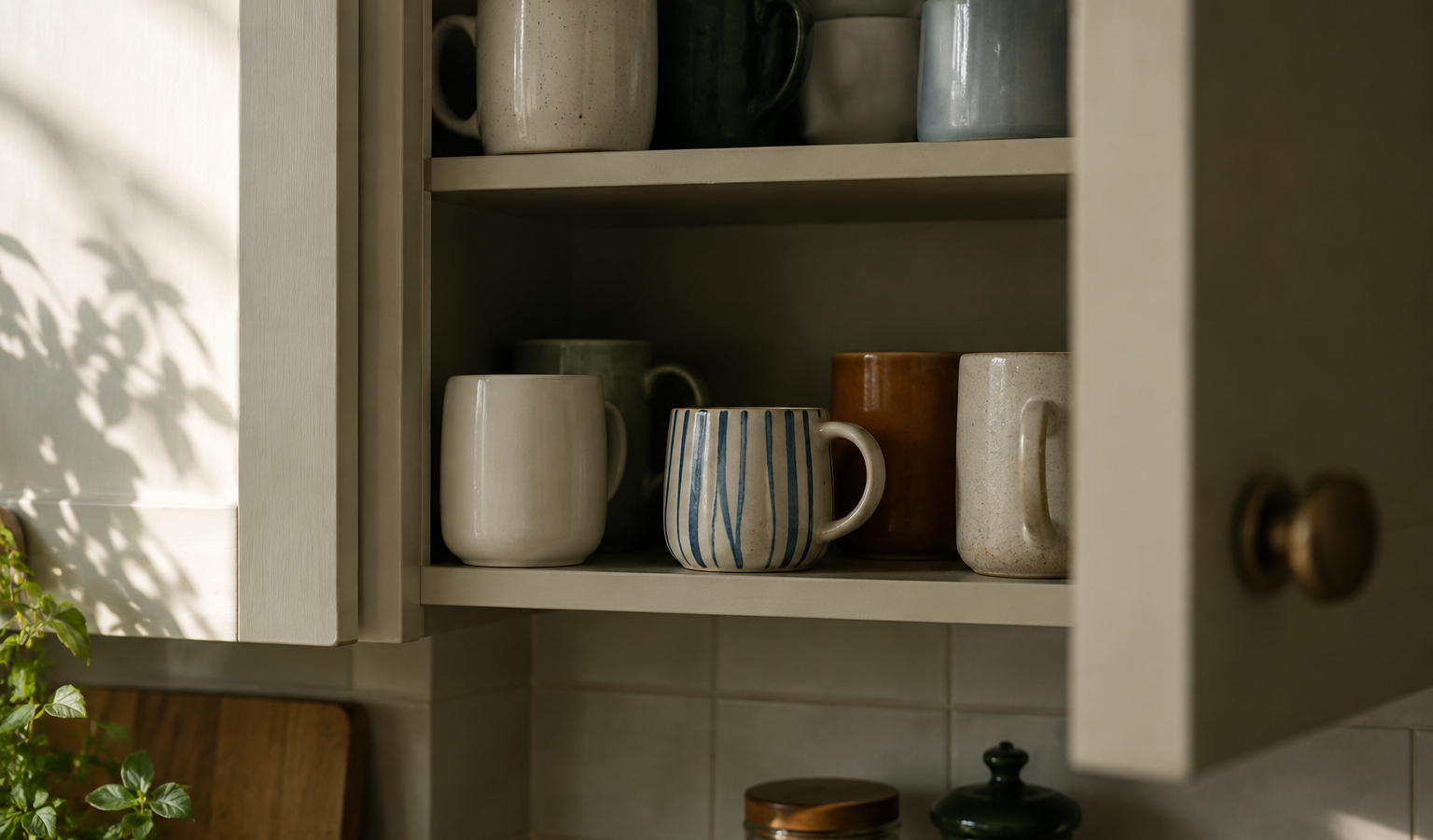 Armário de cozinha aberto com canecas de diferentes cores e formatos, iluminado por luz suave lateral.
