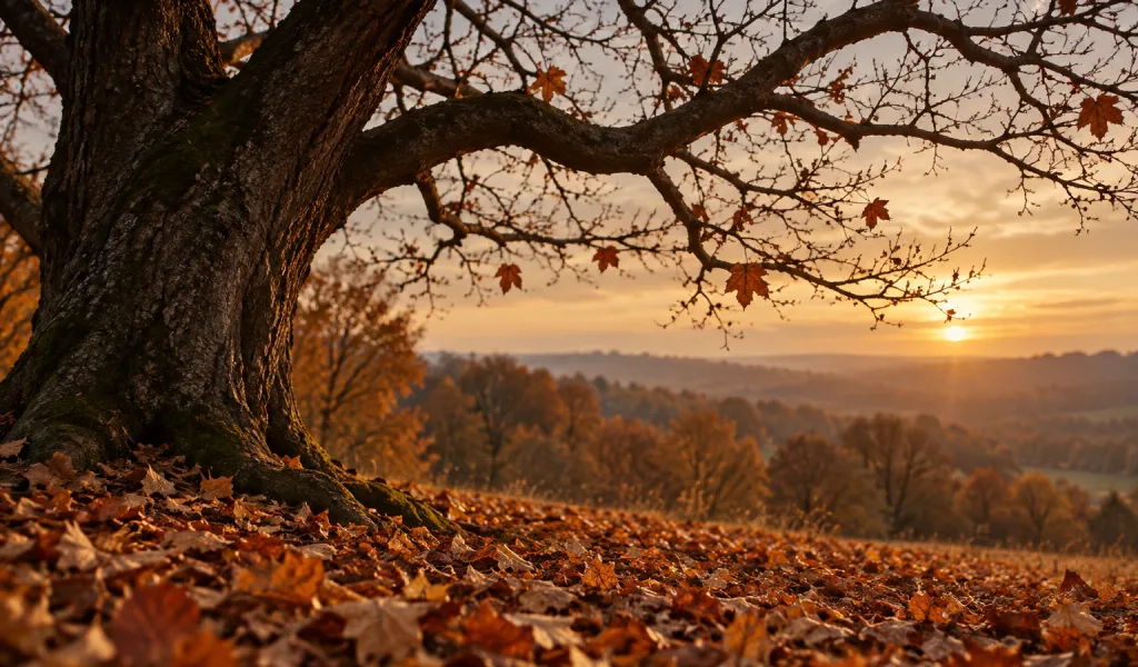 Tronco e galhos de uma árvore com poucas folhas secas diante de uma paisagem de outono ao pôr do sol.