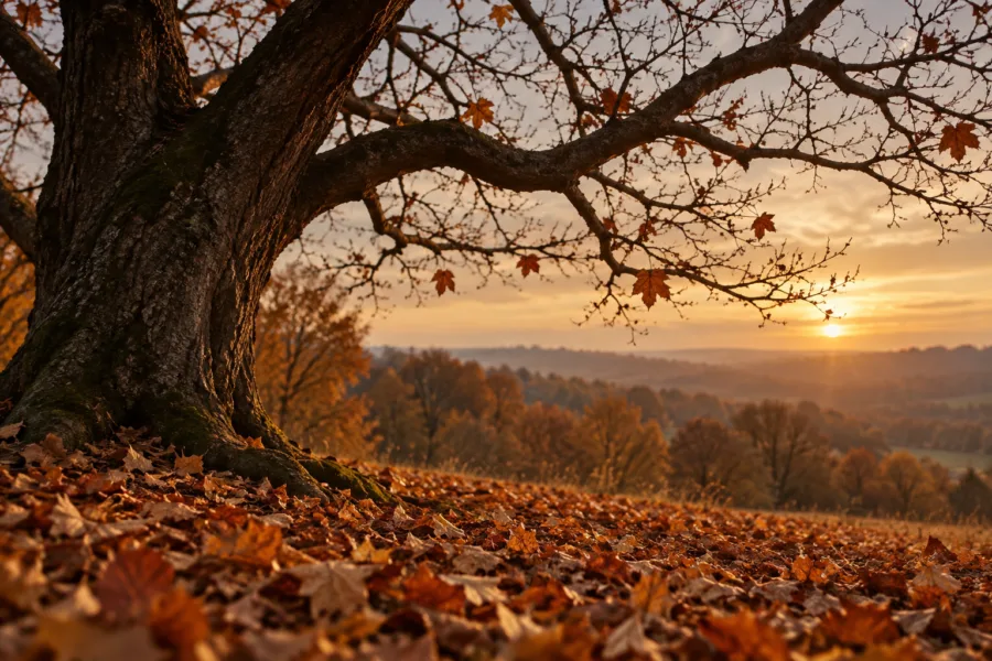 Tronco e galhos de uma árvore com poucas folhas secas diante de uma paisagem de outono ao pôr do sol.
