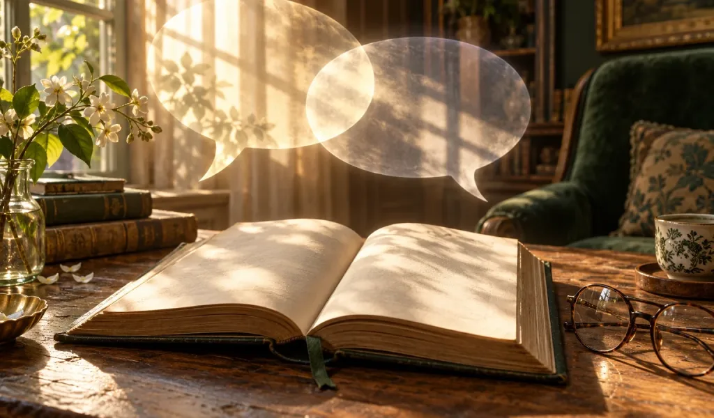 Livro aberto e óculos sobre uma mesa, com formas luminosas de balões de fala acima das páginas.