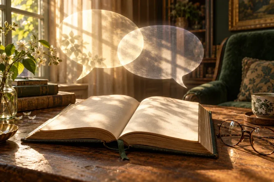 Livro aberto e óculos sobre uma mesa, com formas luminosas de balões de fala acima das páginas.