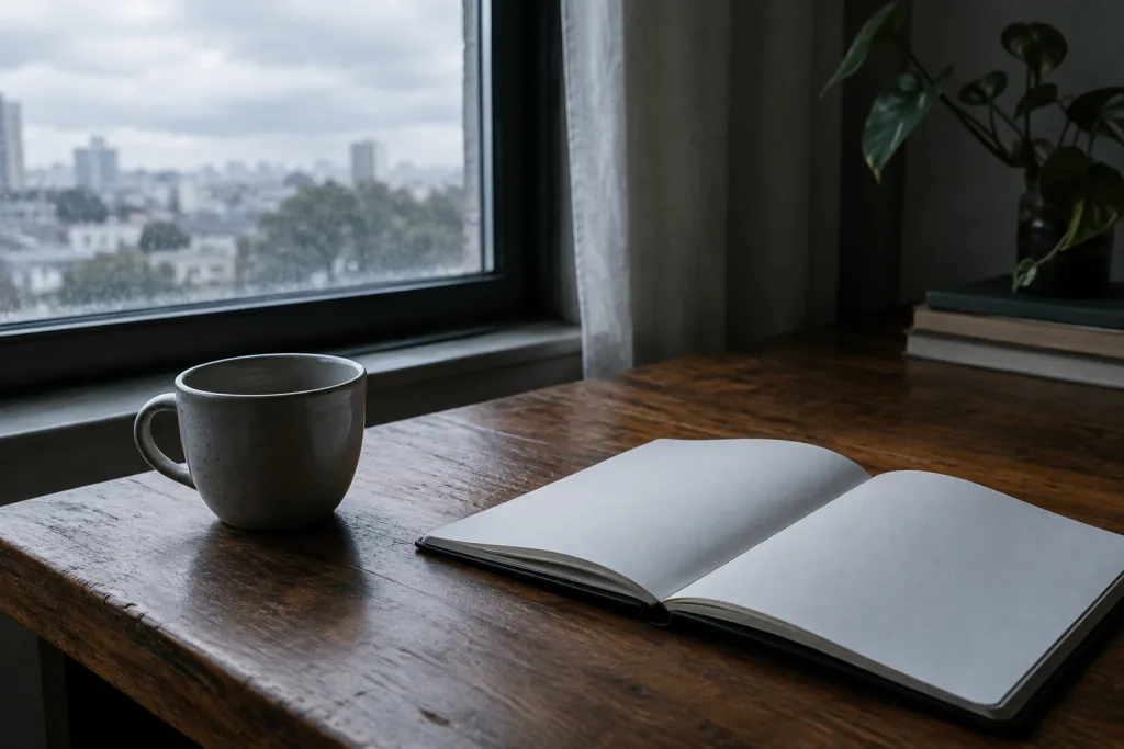 Caderno aberto e xícara vazia sobre mesa de madeira junto a uma janela, com cidade desfocada ao fundo.